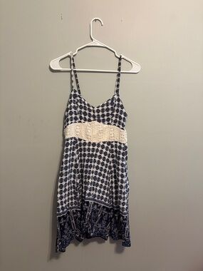 White & Navy Printed Mini Dress with Crochet Waistband
